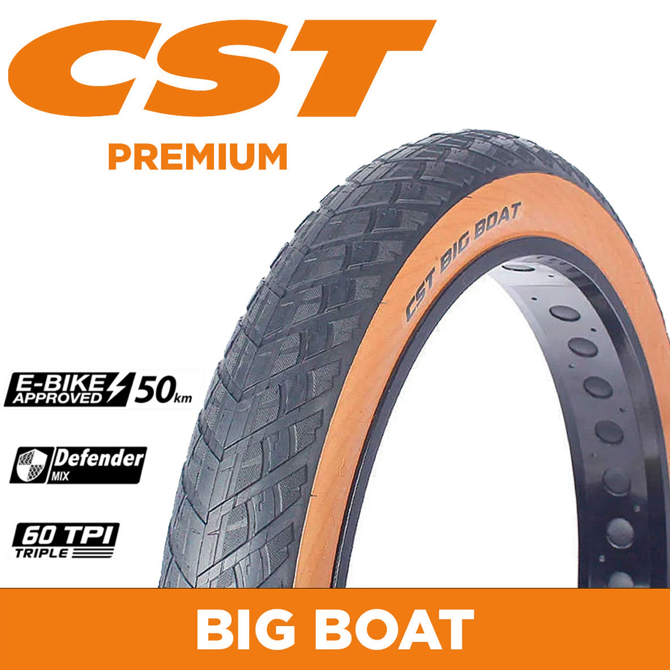 CST Tyre Big Boat (CTC06) - 20 x 4.0 - EBike 50km Approved - 60TPI Triple - Defender Mix 1.5mm - Tan Wall