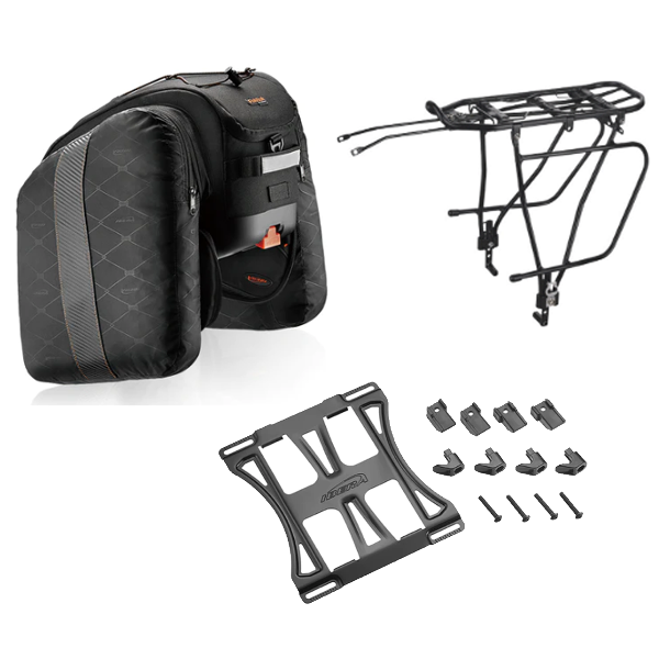 IBERA Combo -  IBBA19 with expandable panniers & universal mount adaptor fits any rack + QBP Rack RA6809 Disc Brake & Height Adjustable