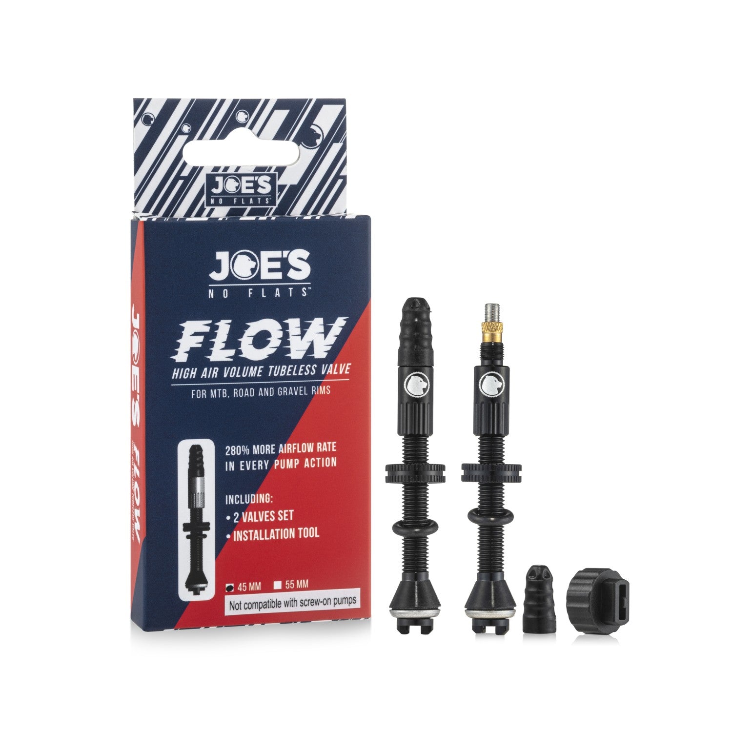 Joe's No-Flats High Flow Anti-Clog Valves - 45mm Presta Tubeless Pair