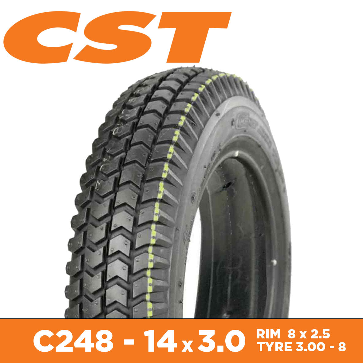 CST Tyre Mobility E-Scooter C248 - 14 x 3.00-8 - Rim Size 8" X 2.5 - Sectional Width 78mm - Tube Type - Load 145kg