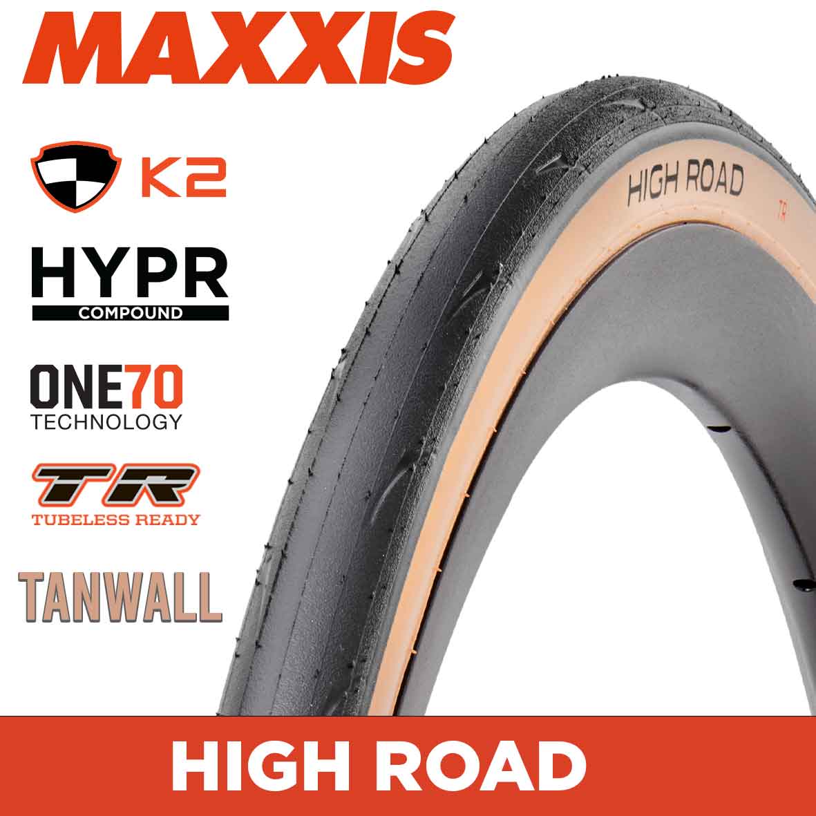 MAXXIS High Road - 700 X 25C - HYPR K2  Fold Carbon Bead 170TPI - Tan Wall - TR - Hookless Rim Compatible