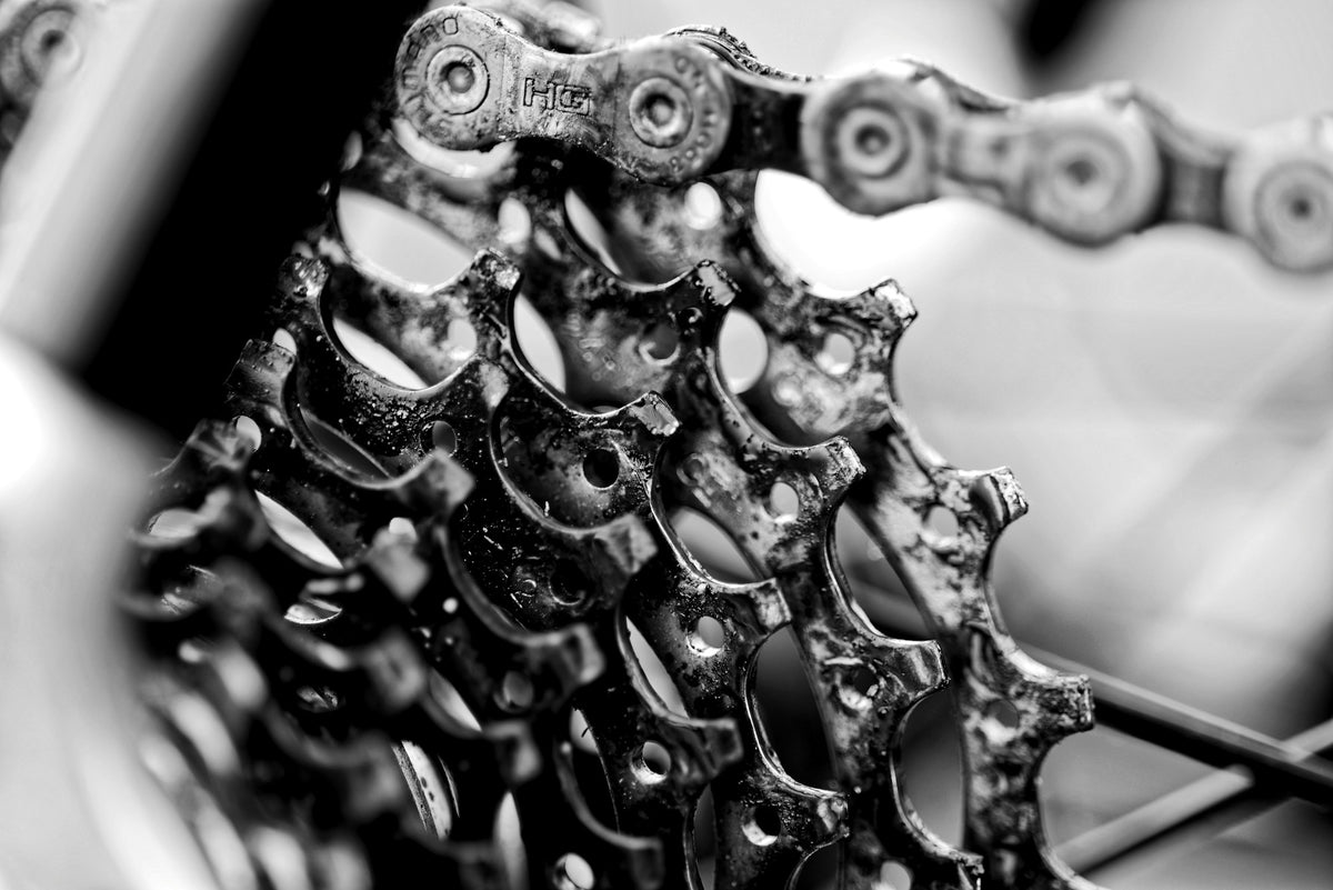 Black and white close-up of a clean bike chain on a cassette – Wax Club monthly chain swap at Hendry's Geelong